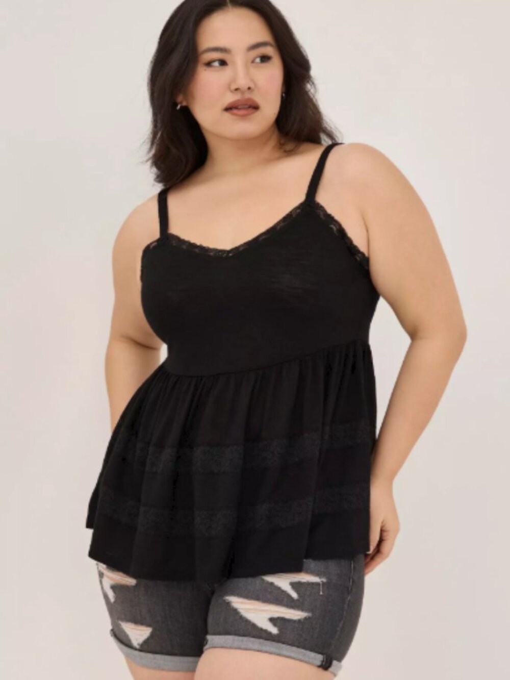 Torrid Babydoll Poly Rayon Slub V-Neck Lace Trim Cami